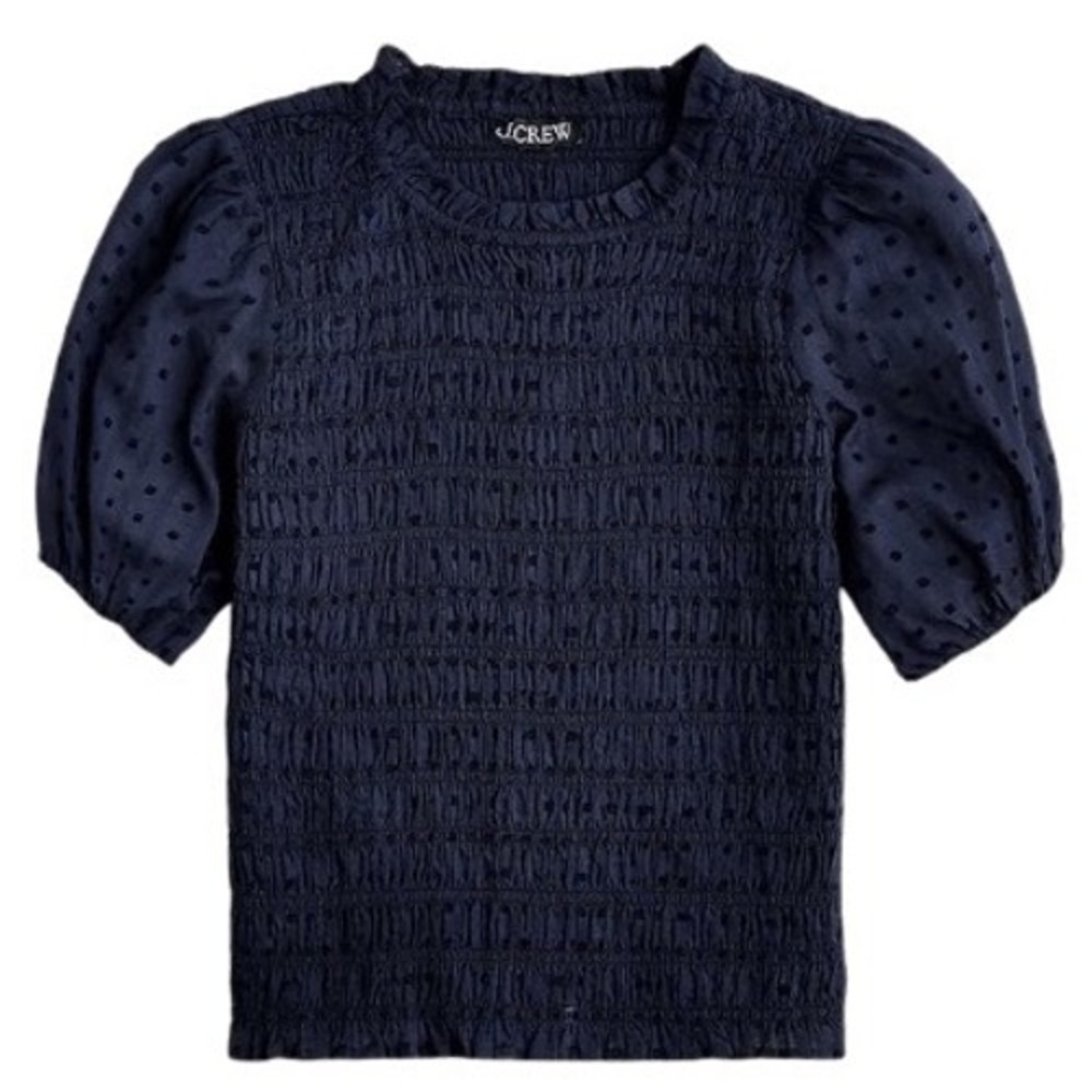 J.Crew Puff-sleeve textured voile smocked top in Navy Size Large